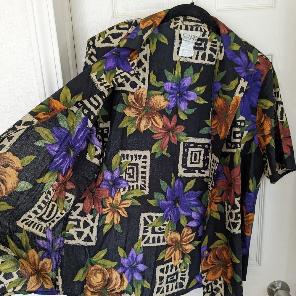 Vintage Cristin Stevens Floral Tribal Print Button Up Blouse - Large - BBQ Wear! - Picture 8 of 8